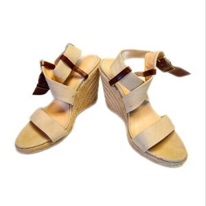 Banana Republic Woven Wedge 4.5" Heeled Sandals, Cream & Brown Strappy, 10